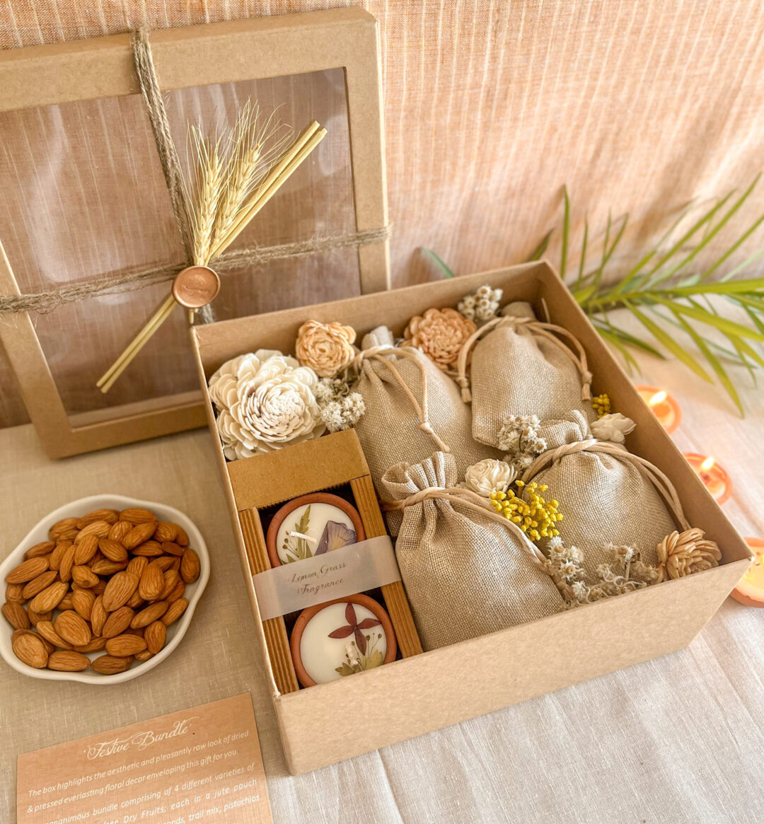 Luxury artisanal gift set with dried flowers, handmade soaps & dry fruits